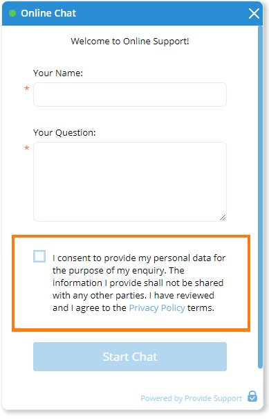 Personal data processing consent on the Pre-chat survey